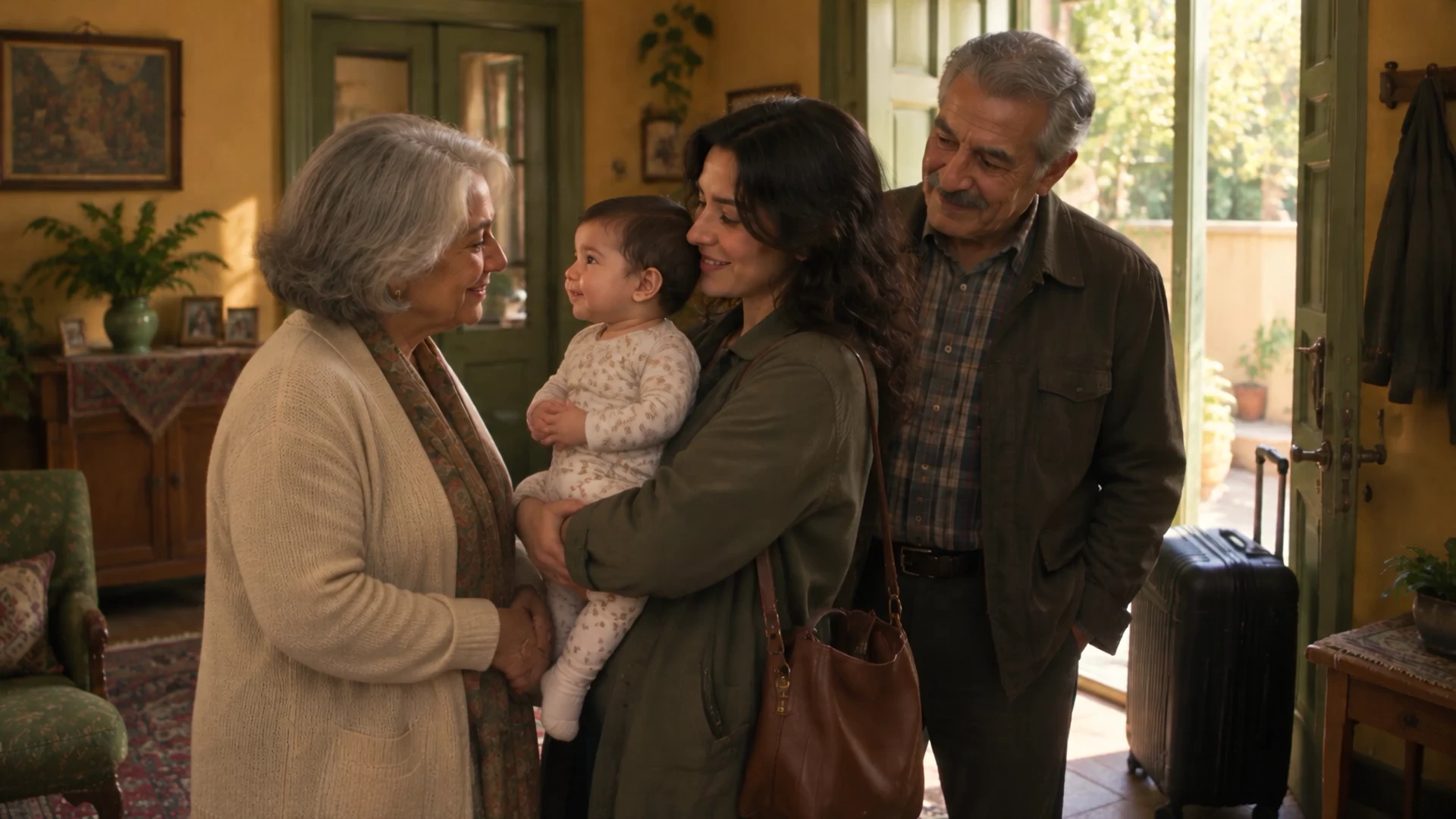 Grandparents saying goodbye to a young family and their baby.