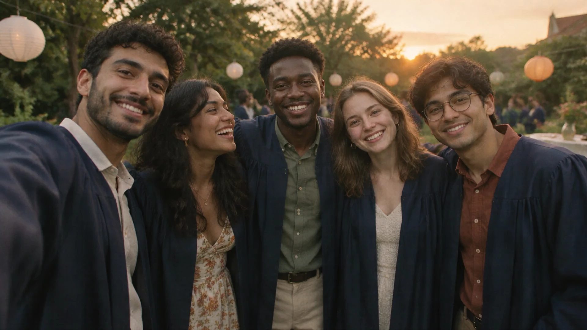 Five friends together at their university graduation.