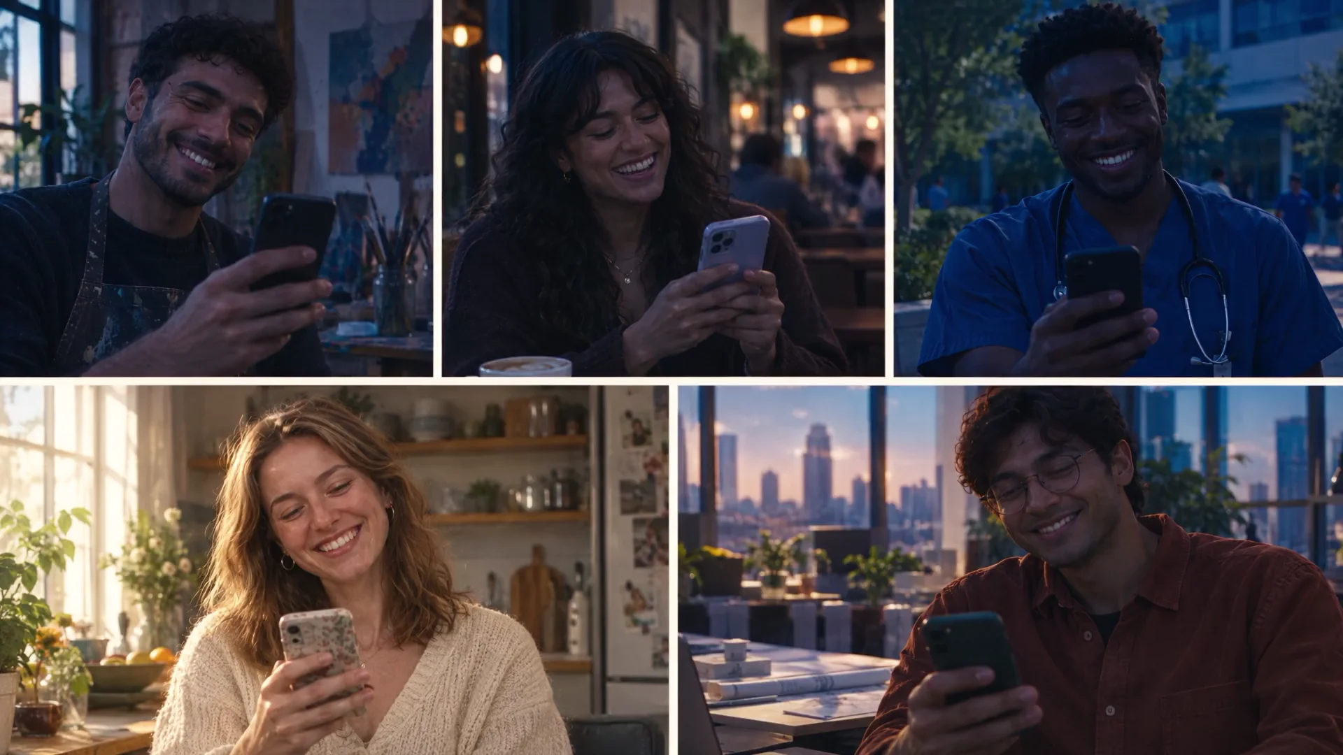 The five friends receiving the same memory in different lives and places.